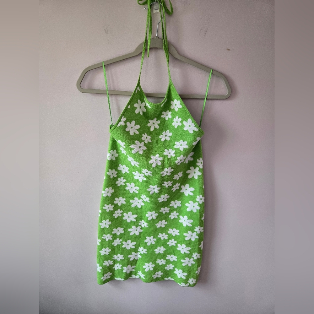 L.A. Hearts PacSun Lime Green Floral Knit Dress Halter Neck Small